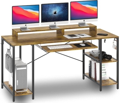 55-inch Computer Desk with Storage Shelves, Modern Pull Out Keyboard Tray, Rustic Brown 