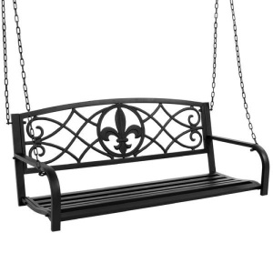 2-Person Outdoor Metal Hanging Swing Bench w/ Fleur-de-Lis Accents, Bronze. Appears New. 