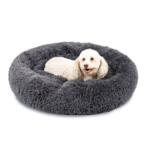 36" Self-Warming Shag Fur Calming Pet Bed w/ Water-Resistant Lining - Gray