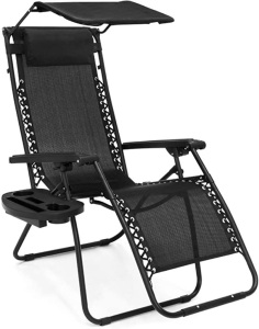 Best Choice Products Folding Zero Gravity Outdoor Recliner Patio Lounge Chair w/Adjustable Canopy Shade, Headrest, Side Accessory Tray, Textilene Mesh - Black. Appears New. 