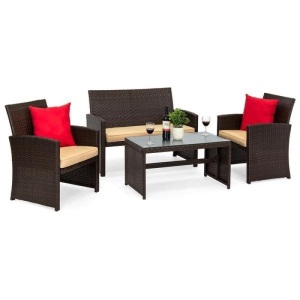 4-Piece Outdoor Wicker Conversation Patio Set w/ 4 Seats, Glass Table Top. Appears New
