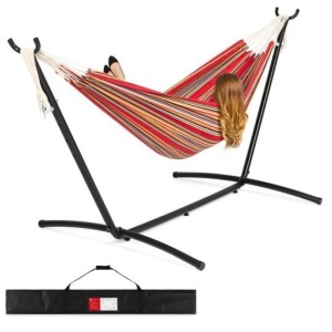 2-Person Brazilian-Style Double Hammock w/ Carrying Bag and Steel Stand, Red. Appears New. 