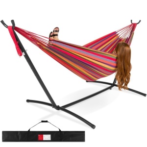 2-Person Brazilian-Style Cotton Double Hammock Bed w/ Carrying Bag & Steel Stand, Multi-Colored. 