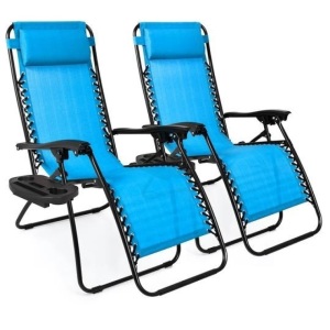 Set of (2) Adjustable Zero Gravity Patio Chair Recliners w/ Cup Holders, Light Blue. Appear New. 