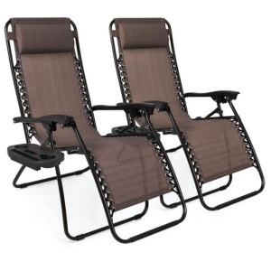 Set of 2 Adjustable Zero Gravity Patio Chair Recliners w/ Cup Holders, Brown. Appear New. 