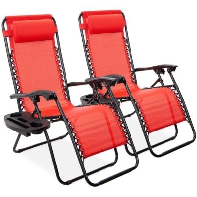 Set of 2 Adjustable Zero Gravity Patio Chair Recliners w/ Cup Holders, Red. Appear New. 