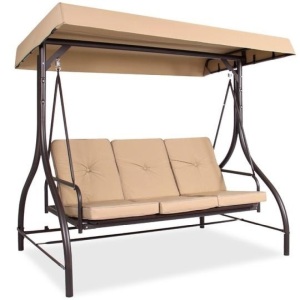 3-Seat Outdoor Canopy Swing Glider Furniture w/ Converting Flatbed Backrest, Tan. Appears New. 