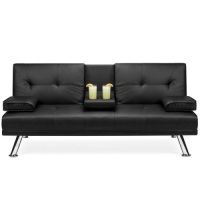 Faux Leather Upholstered Convertible Sofa Bed Futon w/ 2 Cupholders, Black. Appears New.&nbsp;