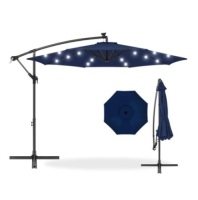 Solar LED Offset Hanging Patio Umbrella w/ Crank Tilt Adjustment,10ft, Navy Blue, Appears New