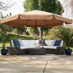 16ft Outdoor Patio Market Umbrella w/Cross Base, Crank & Air Vent , Tan. Appears New (Umbrella & Base Only - Other Items Pictured Not Included.).