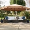 16ft Outdoor Patio Market Umbrella w/Cross Base, Crank &&nbsp;Air Vent , Tan. Appears New (Umbrella & Base Only -&nbsp;Other Items Pictured Not Included.).