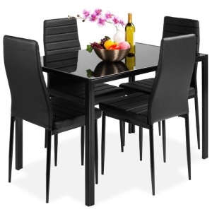 5-Piece Dining Table Set w/ Glass Top, Leather Chairs. Appears New. 