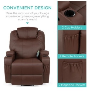 Faux Leather Swivel Glider Massage Recliner Chair w/ Remote Control, 5 Modes, Brown. Appears New. **Retail Value $350** 