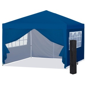 10x10ft Portable Pop Up Canopy Tent w/Detachable Window Walls, Zip-Up Doorway, Carrying Bag - Blue. Appears New