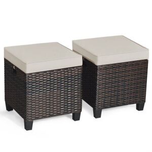 Set of 2 Patio Rattan Ottoman Cushioned Seat Foot Rest 