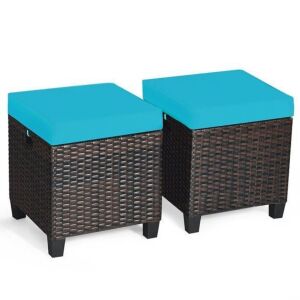 2-Piece Wicker Outdoor Patio Ottoman with Turquoise Cushions