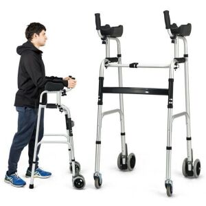 Foldable Standard Walker Aluminum Alloy Walking Frame w/ Armrest Pad & Wheels