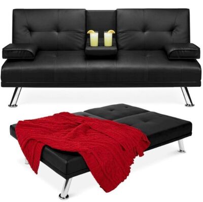 Faux Leather Upholstered Convertible Sofa Bed Futon w/ 2 Cupholders