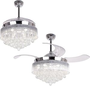 Crystal Chandelier Ceiling Fan with Retractable Blades, 4000K Cool White Lights, 46 Inch, Chrome