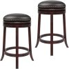 25-inch Solid Wood Swivel Backless Stool PU Leather Cushioned Seat w/Brass Nailhead Studs, Set of 2 