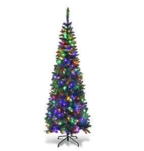 7.5 ft. Pre-Lit Hinged Pencil Artificial Christmas Tree with 350 Multi-Color LED Lights