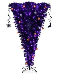 7 ft. Upside Down Halloween Artificial Christmas Tree Black with 400 Purple LED Lights