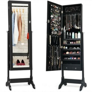 Lockable Mirrored Jewelry Cabinet Armoire Storage Organizer Box