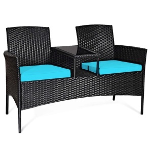 Wicker Patio Rattan Loveseat Chair with Turquoise Cushions