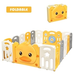 16-Panel Foldable Baby Playpen Yellow Duck Activity Center w/ Sound 