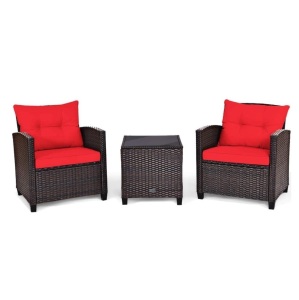 3-Piece Rattan Wicker Patio Conversation Set Sofa Coffee Table with Red Cushions