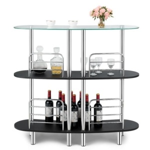 Bar Table Wine Storage with Tempered Glass Top & 2 Shelves 