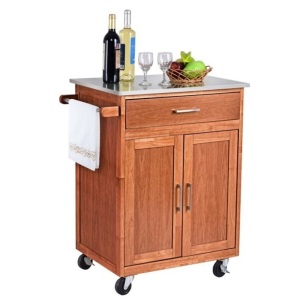 Wood Kitchen Trolley Cart Stainless Steel Top Rolling Storage Cabinet Island 