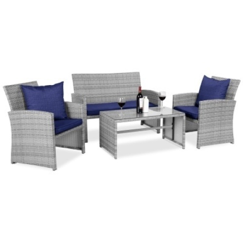 4-Piece Outdoor Wicker Conversation Patio Set w/ 4 Seats, Glass Table Top&nbsp;