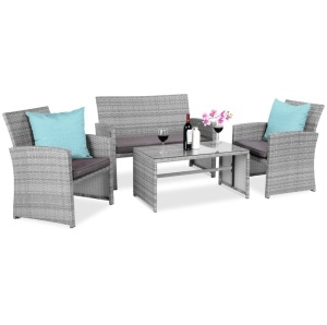 4-Piece Outdoor Wicker Conversation Patio Set w/ 4 Seats, Glass Table Top 