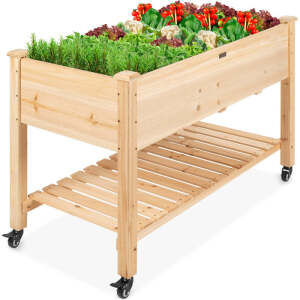 Mobile Raised Garden Bed Elevated Wood Planter w/Wheels, Storage Shelf 