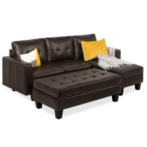 L-Shape Customizable Faux Leather Sofa Set w/ Ottoman Bench. New with Small Cut