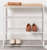 4 Tier Shoe Rack White Metal with Natural Wood