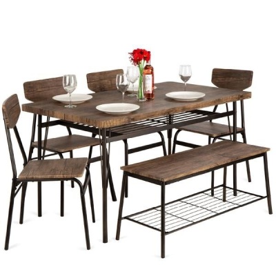 6-Piece Modern Dining Set w/ Storage Racks, Table, Bench, 4 Chairs - 55in. Appears New. Color May Vary