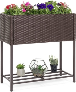 2-Tier Indoor Outdoor Wicker Elevated Garden Planter Box Stand for Potted Flowers, Plants, Herbs. Appears New