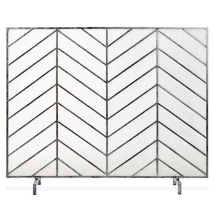 Single Panel Iron Chevron Fireplace Screen w/ Antique Finish - 38x31in. Appears New