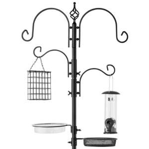 4-Hook Bird Feeding Station, Steel Feeder Stand w/ 2 Bird Feeders - 91in 