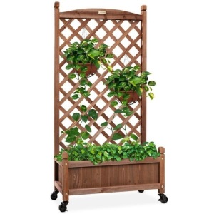 Wood Planter Box & Lattice Trellis w/ Drainage, Optional Wheels - 48in. Appears New