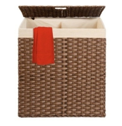 Double Laundry Hamper Basket w/ Easy Assembly, & Liner Bag, Dark Brown