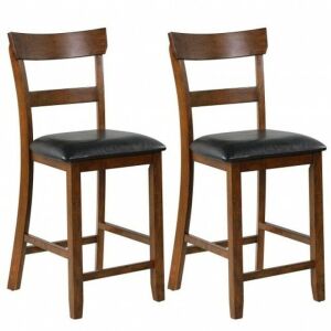 2Pcs Counter Height Chair Set With Leather Seat And Rubber Wood Legs