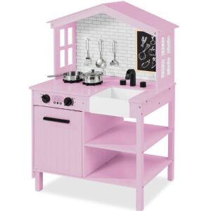  Kids Farmhouse Play Kitchen w/ Chalkboard, Storage Shelves, 5 Accessories