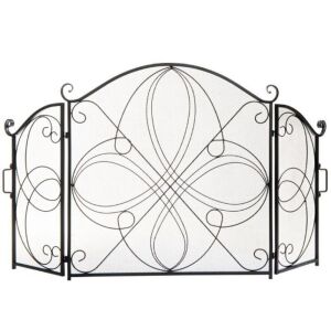 3-Panel Wrought Iron Metal Fireplace Screen Cover w/ Scroll Design - 55x33in