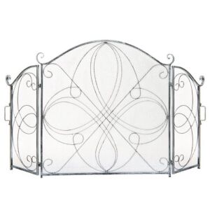 3-Panel Wrought Iron Metal Fireplace Screen Cover w/ Scroll Design - 55x33in