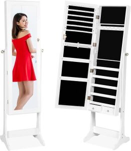 Standing Mirror Armoire, Lockable Jewelry Storage Organizer Cabinet w/ Velvet Interior