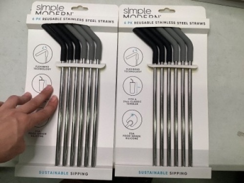 Lot of (2) 6 Pack Reusable Stainless Steel Straws, New