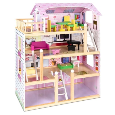 4-Level Kids Wooden Dollhouse w/ 13 Furniture Accessories